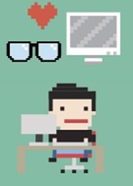 Dessin pixel d'un personnage assis à un bureau jouant à l'ordinateur avec au dessus un cœur, un écran et des lunettes.