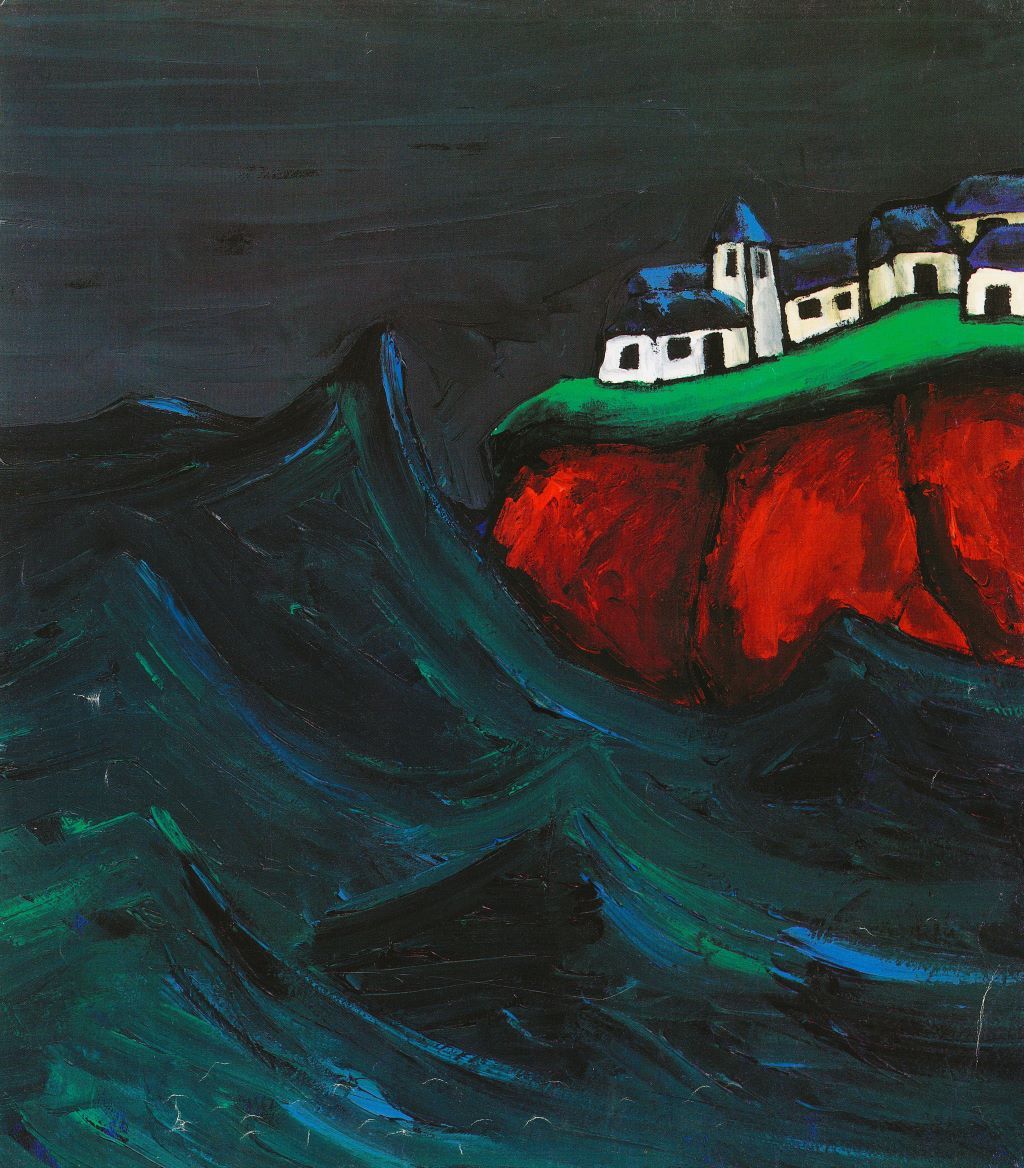 Village au bord d'une falaise et une mer déchainée