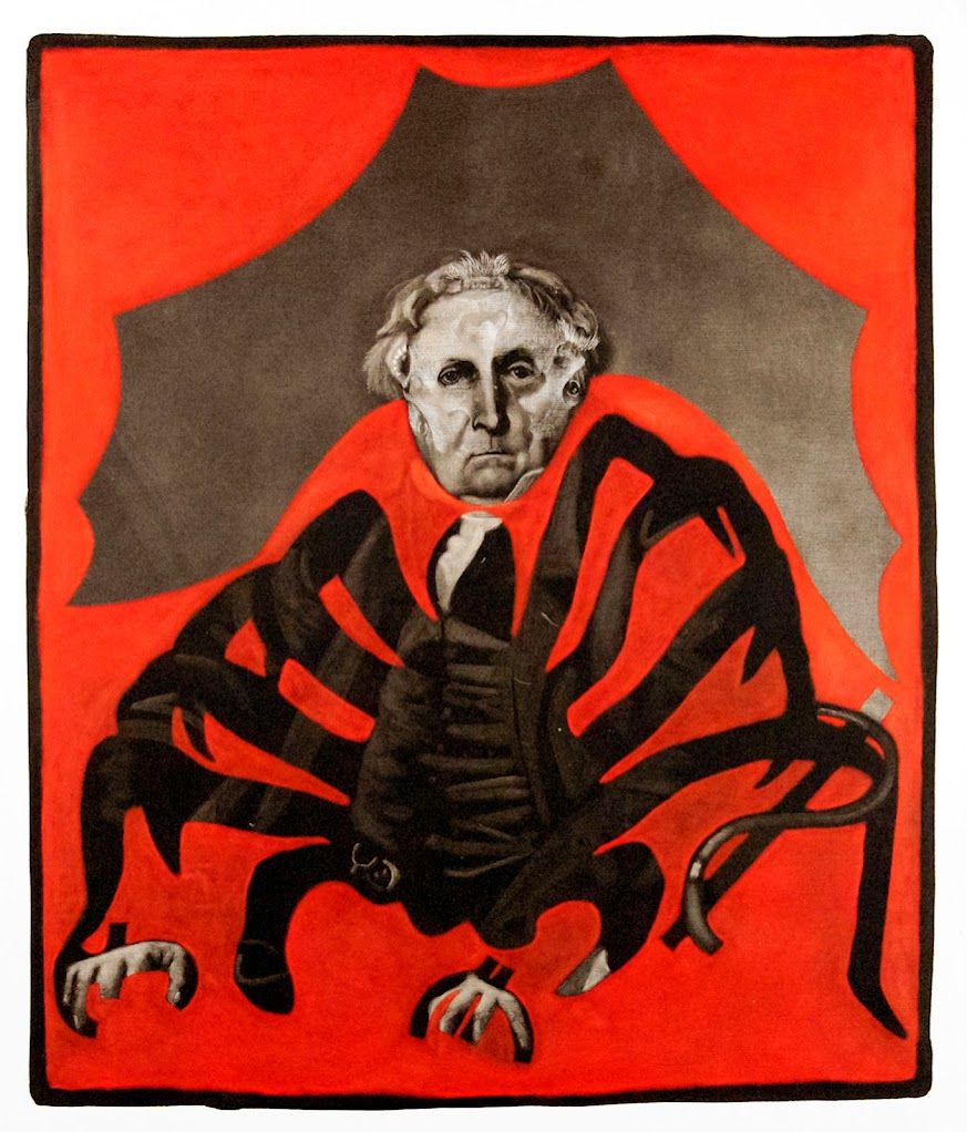 Tableau sur fond rouge avec un homme avec un corps d'araignée